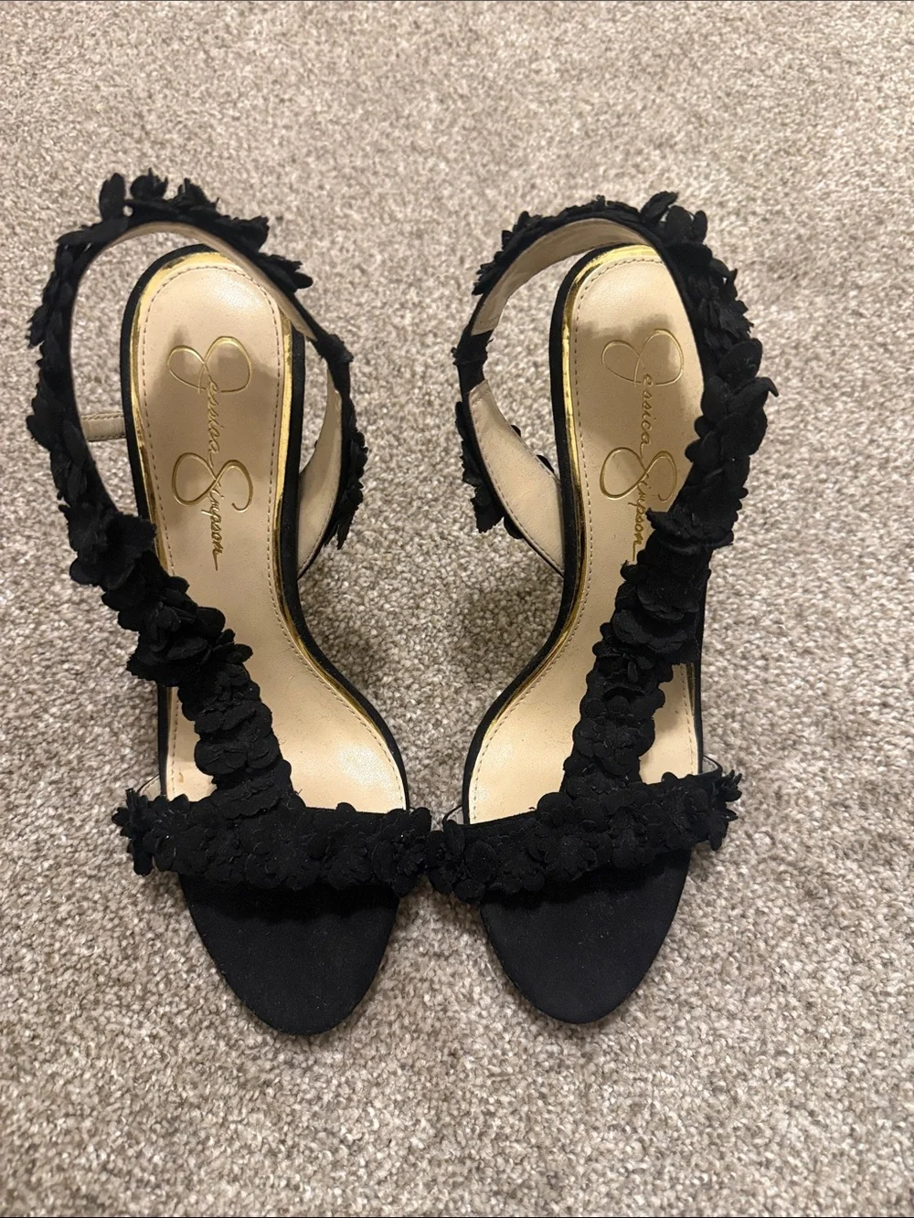Jessica Simpson Black Suede Flower Strap High Heel Dress Sandal